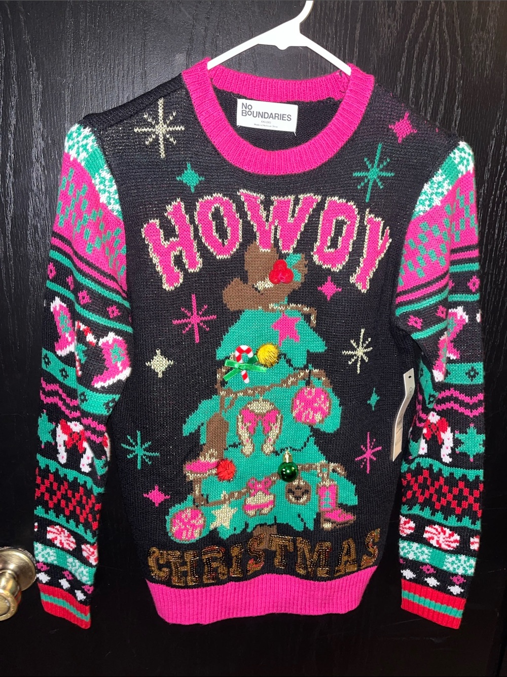 No Boundaries Black Christmas 'Howdy' Tree Sweater with Pink & Teal Accents
